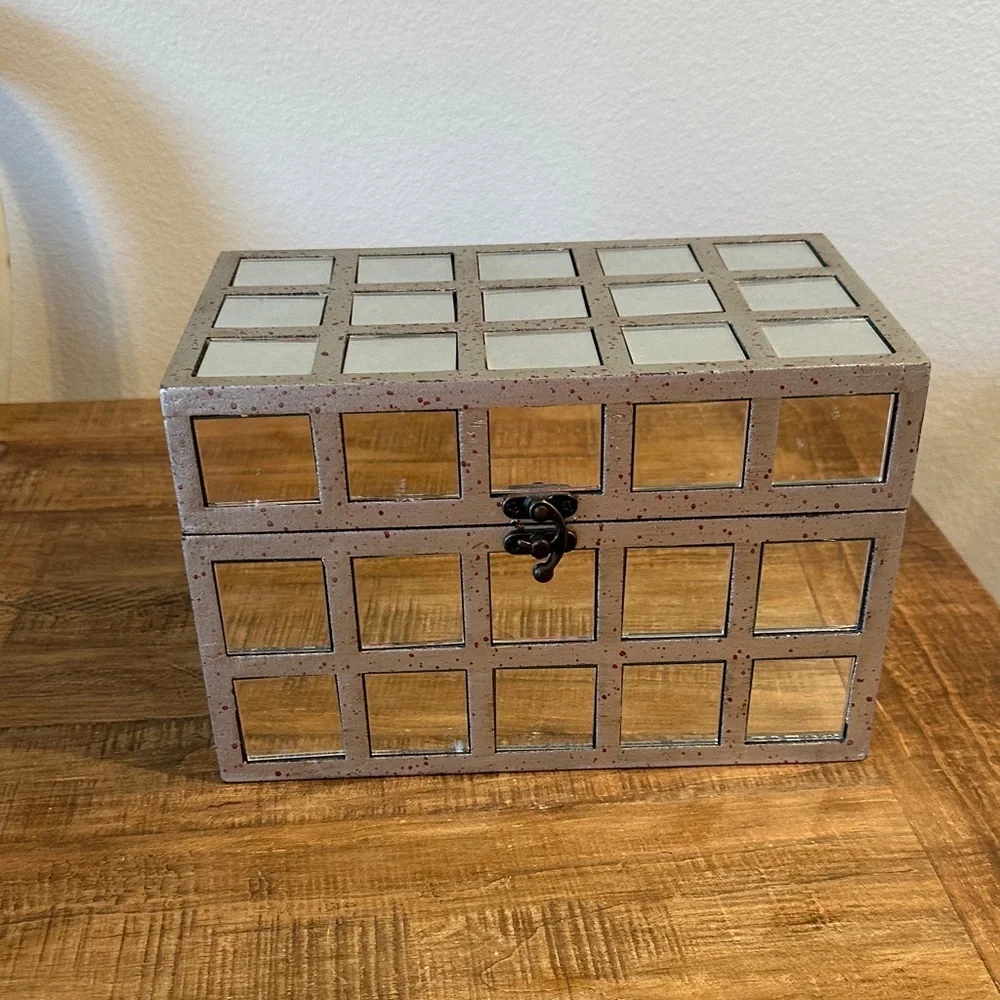 Silver Mirrored Wooden Storage Box, Red Speckles, Black Interior 10.5”x6.5”x7”